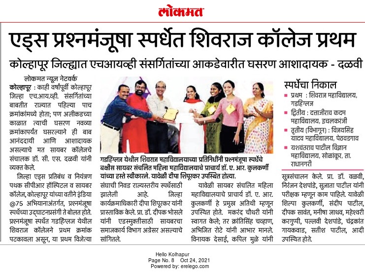District level  Quiz competition ( subject -HIV/ AIDS.TB) Organized by Zilha AIDS PRATIBHANDHAK v NIYATRAN PATHAK CPR Kolhapur win Frist prize (5000 & trophy, certificate)& selection for state level Quiz competition